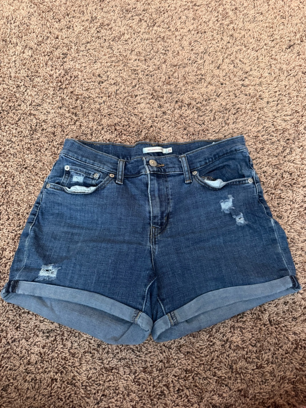 Levi's Dark Blue Distressed Rolled Hem Denim Shorts